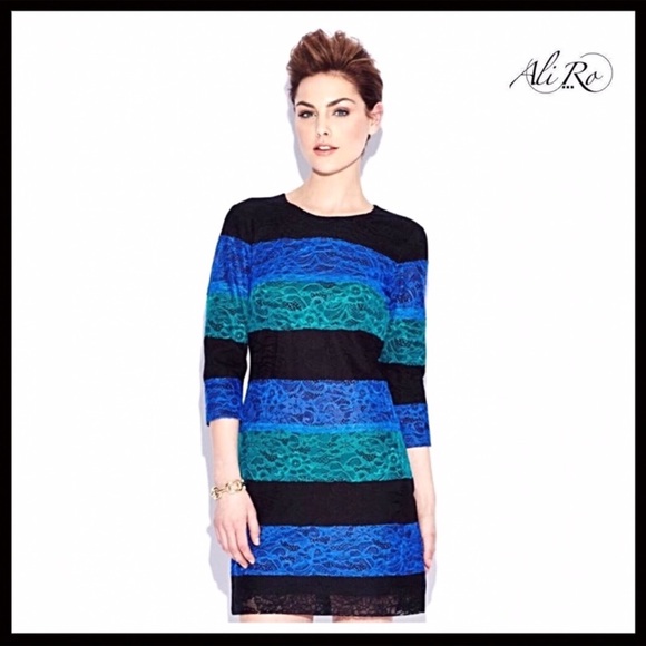 COCKTAIL MINI DRESS BLACK EMERALD GREEN COBALT BLUE LACE SHIFT KNIT DRESS A2C - Picture 3 of 8